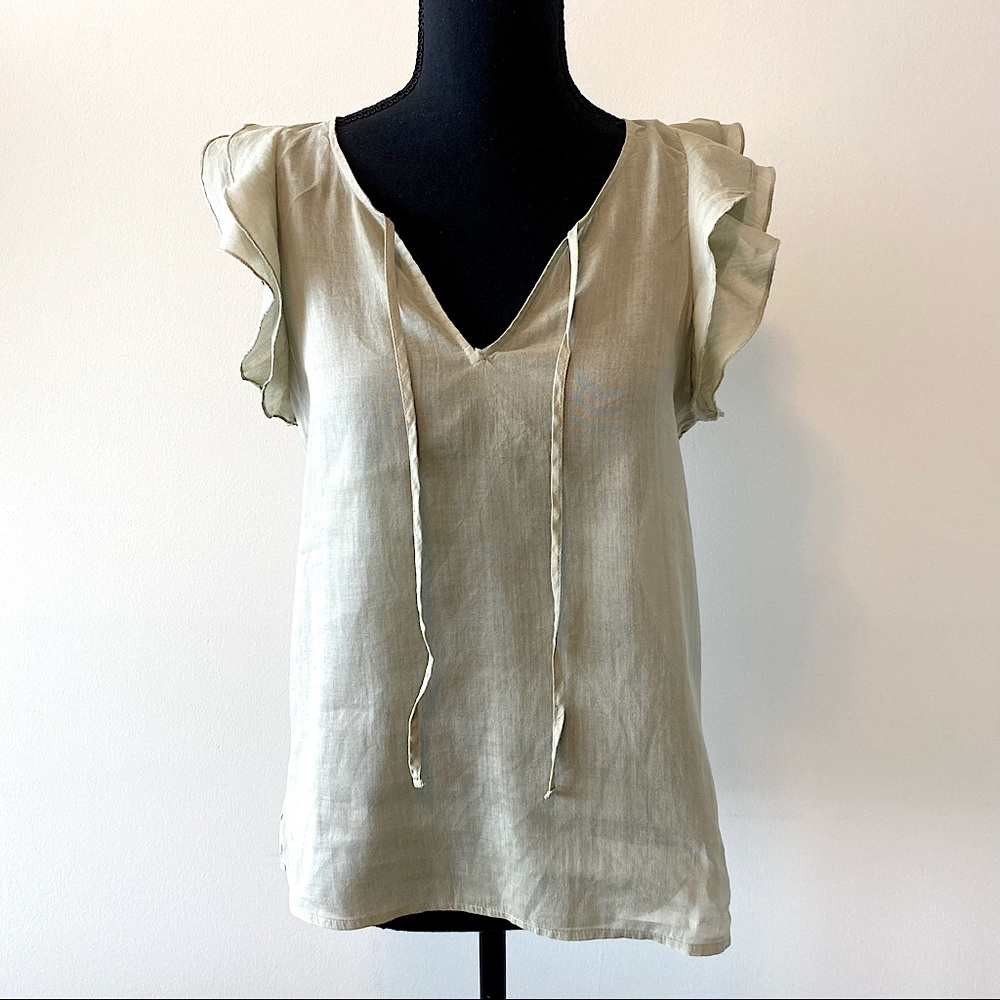 Pale green V-neck ruffle sleeve blouse